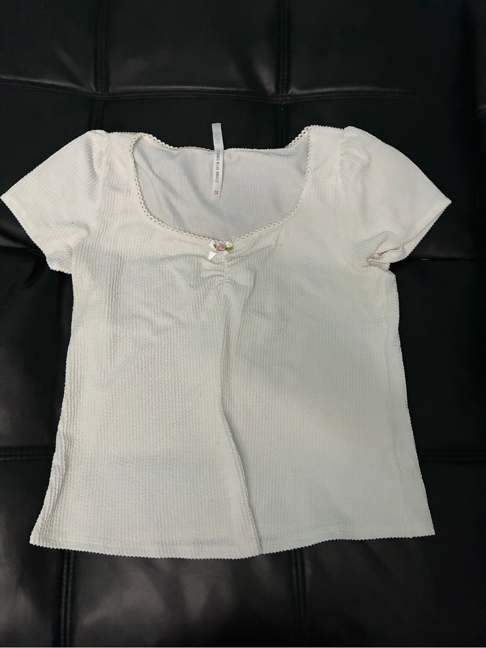 Girls Cream Short Sleeve Ribbed Top with Bow Detail